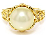 Golden Cultured South Sea Pearl With White Zircon 18K Yellow Gold Over Sterling Silver Ring