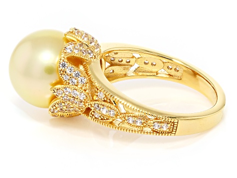Golden Cultured South Sea Pearl With White Zircon 18K Yellow Gold Over Sterling Silver Ring