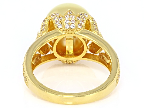 Golden Cultured South Sea Pearl With White Zircon 18K Yellow Gold Over Sterling Silver Ring