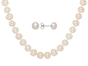 White Cultured Freshwater Pearl Rhodium Over Sterling Silver 18 Inch Strand Necklace and Earring Set
