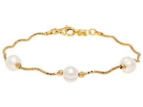 White Cultured Freshwater Pearl 18k Yellow Gold Over Sterling Silver Bracelet