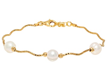 Picture of White Cultured Freshwater Pearl 18k Yellow Gold Over Sterling Silver Bracelet