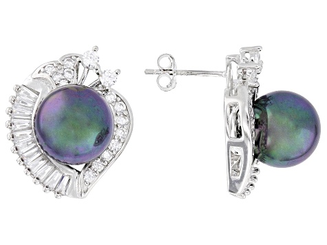 Pearlfection® Peacock Simulant And White Cubic Zirconia Rhodium Over Sterling Silver Earrings