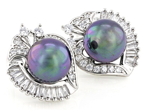 Pearlfection® Peacock Simulant And White Cubic Zirconia Rhodium Over Sterling Silver Earrings