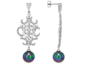 Pearlfection® Peacock Simulant And White Cubic Zirconia Rhodium Over Sterling Silver Earrings