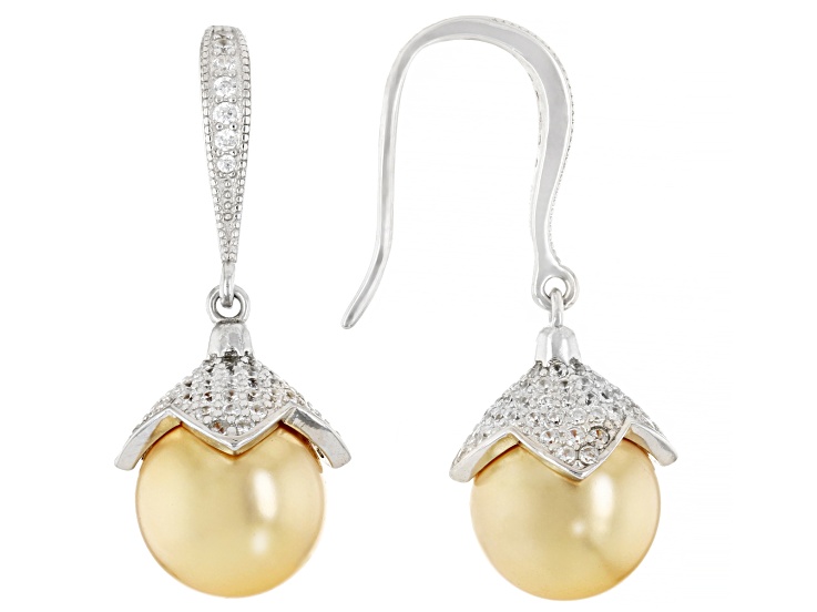Pearlfection® Golden South Sea Simulant & White Cubic Zirconia Rhodium Over Sterling Silver Earrings