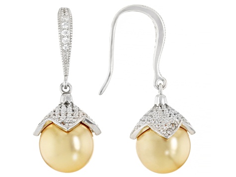 Pearlfection® Golden South Sea Simulant & White Cubic Zirconia Rhodium Over Sterling Silver Earrings