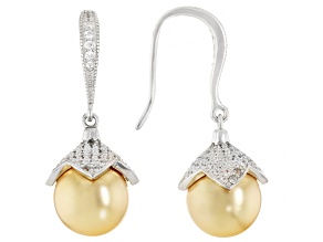 Pearlfection® Golden South Sea Simulant & White Cubic Zirconia Rhodium Over Sterling Silver Earrings