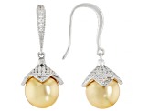 Pearlfection® Golden South Sea Simulant & White Cubic Zirconia Rhodium Over Sterling Silver Earrings