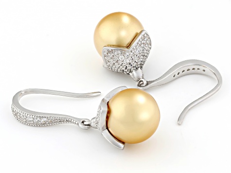 Pearlfection® Golden South Sea Simulant & White Cubic Zirconia Rhodium Over Sterling Silver Earrings