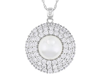 Picture of Pearlfection® White South Sea Simulant And Cubic Zirconia Rhodium Over Silver Pendant With Chain