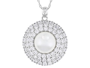 Pearlfection® White South Sea Simulant And Cubic Zirconia Rhodium Over Silver Pendant With Chain