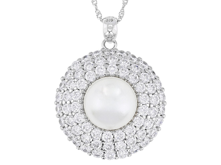 Pearlfection® White South Sea Simulant And Cubic Zirconia Rhodium Over Silver Pendant With Chain