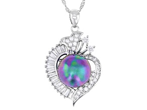 Pearlfection® Peacock Simulant & Cubic Zirconia Rhodium Over Sterling Silver Pendant With Chain