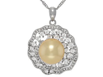 Picture of Pearlfection® Golden South Sea Simulant & Cubic Zirconia Rhodium Over Silver Pendant With Chain
