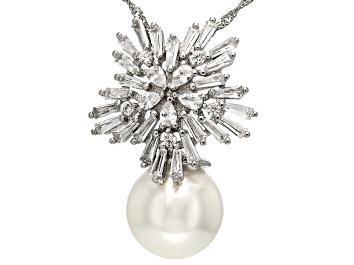 Picture of Pearlfection® White South Sea Simulant & Cubic Zirconia Rhodium Over Silver Pendant With Chain