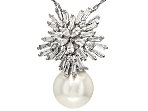 Pearlfection® White South Sea Simulant & Cubic Zirconia Rhodium Over Silver Pendant With Chain