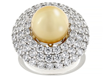 Picture of Pearlfection® Golden South Sea Simulant And Cubic Zirconia Rhodium Over Sterling Silver Ring