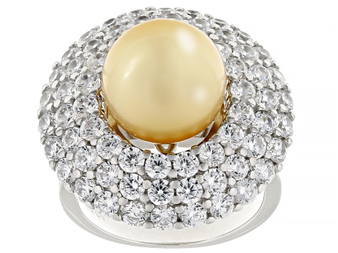 Pearlfection® Golden South Sea Simulant And Cubic Zirconia Rhodium Over Sterling Silver Ring