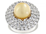 Pearlfection® Golden South Sea Simulant And Cubic Zirconia Rhodium Over Sterling Silver Ring
