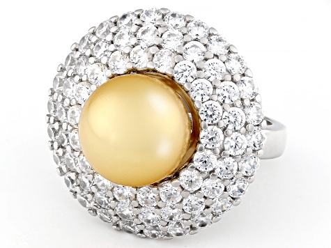 Pearlfection® Golden South Sea Simulant And Cubic Zirconia Rhodium Over Sterling Silver Ring