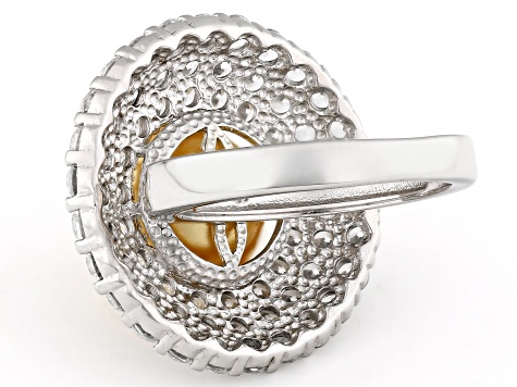 Pearlfection® Golden South Sea Simulant And Cubic Zirconia Rhodium Over Sterling Silver Ring