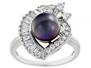 Pearlfection® Peacock Simulant And White Cubic Zirconia Rhodium Over Sterling Silver Ring