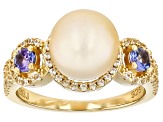 Golden Cultured South Sea Pearl With Tanzanite & White Zircon 18k Yellow Gold Over Silver Ring