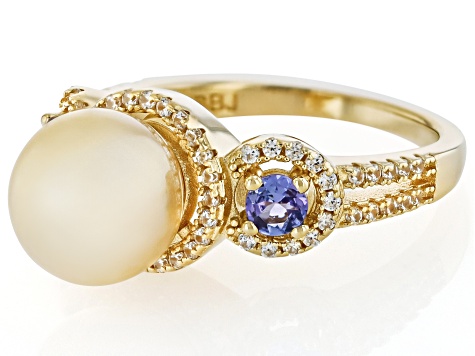 Golden Cultured South Sea Pearl With Tanzanite & White Zircon 18k Yellow Gold Over Silver Ring