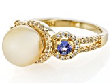 Golden Cultured South Sea Pearl With Tanzanite & White Zircon 18k Yellow Gold Over Silver Ring