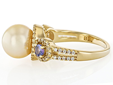 Golden Cultured South Sea Pearl With Tanzanite & White Zircon 18k Yellow Gold Over Silver Ring