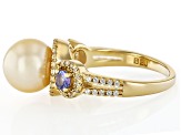 Golden Cultured South Sea Pearl With Tanzanite & White Zircon 18k Yellow Gold Over Silver Ring
