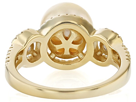 Golden Cultured South Sea Pearl With Tanzanite & White Zircon 18k Yellow Gold Over Silver Ring