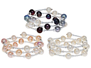 Multi-Colored Cultured Freshwater Pearl Rhodium Over Sterling Silver Bangle Set of 3