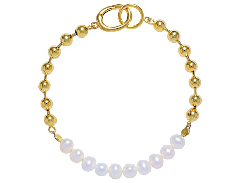 White Cultured Freshwater Pearl 14k Yellow Gold Over Sterling Silver Bracelet