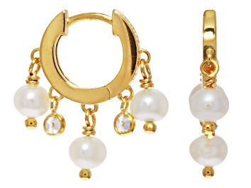 Picture of White Cultured Freshwater Pearl With Cubic Zirconia 14k Yellow Gold Over Sterling Silver Earrings