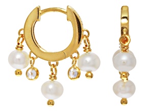 White Cultured Freshwater Pearl With Cubic Zirconia 14k Yellow Gold Over Sterling Silver Earrings