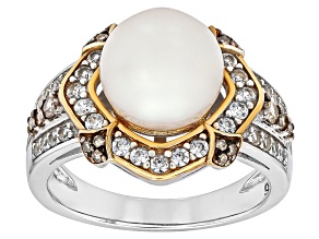 White Cultured Freshwater Pearl With Diamond & Zircon Rhodium & 18k Gold Over Sterling Silver Ring