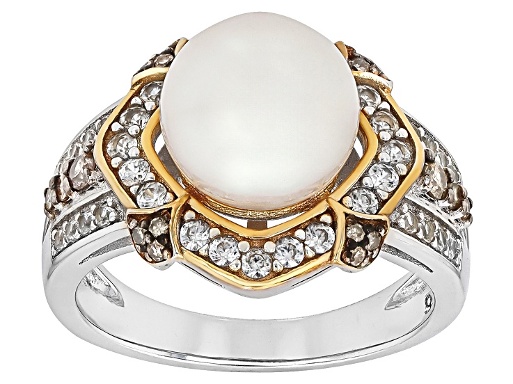 White Cultured Freshwater Pearl With Diamond & Zircon Rhodium & 18k Gold Over Sterling Silver Ring