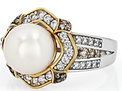White Cultured Freshwater Pearl With Diamond & Zircon Rhodium