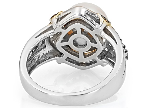 White Cultured Freshwater Pearl With Diamond & Zircon Rhodium
