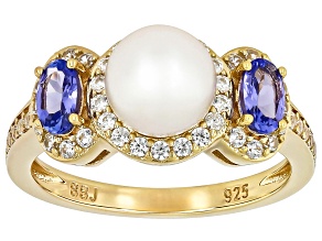 White Cultured Japanese Akoya Pearl With Tanzanite And White Zircon 18K Gold Over Silver Ring
