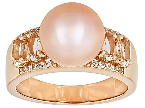 Sunset Pink Cultured Freshwater Pearl With Morganite & White Zircon 18K Rose Gold Over Silver Ring