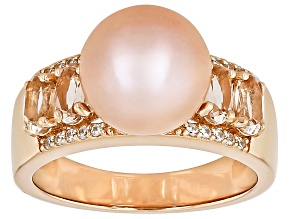 Sunset Pink Cultured Freshwater Pearl With Morganite & White Zircon 18K Rose Gold Over Silver Ring