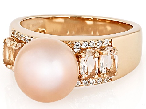 Sunset Pink Cultured Freshwater Pearl With Morganite & White Zircon 18K Rose Gold Over Silver Ring