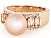 Sunset Pink Cultured Freshwater Pearl With Morganite & White Zircon 18K Rose Gold Over Silver Ring
