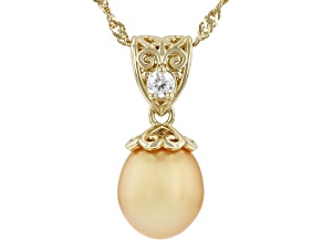 Golden Cultured South Sea Pearl With Moissanite 18k Gold Over Sterling Silver Pendant With Chain
