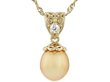 Picture of Golden Cultured South Sea Pearl With Moissanite 18k Gold Over Sterling Silver Pendant With Chain