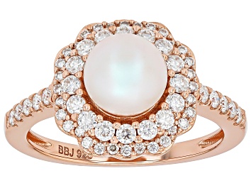 Picture of White Cultured Japanese Akoya Pearl With Moissanite Fire® 18k Rose Gold Over Sterling Silver Ring