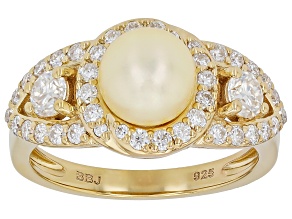 White Cultured Japanese Akoya Pearl With Moissanite 18k Yellow Gold Over Sterling Silver Ring
